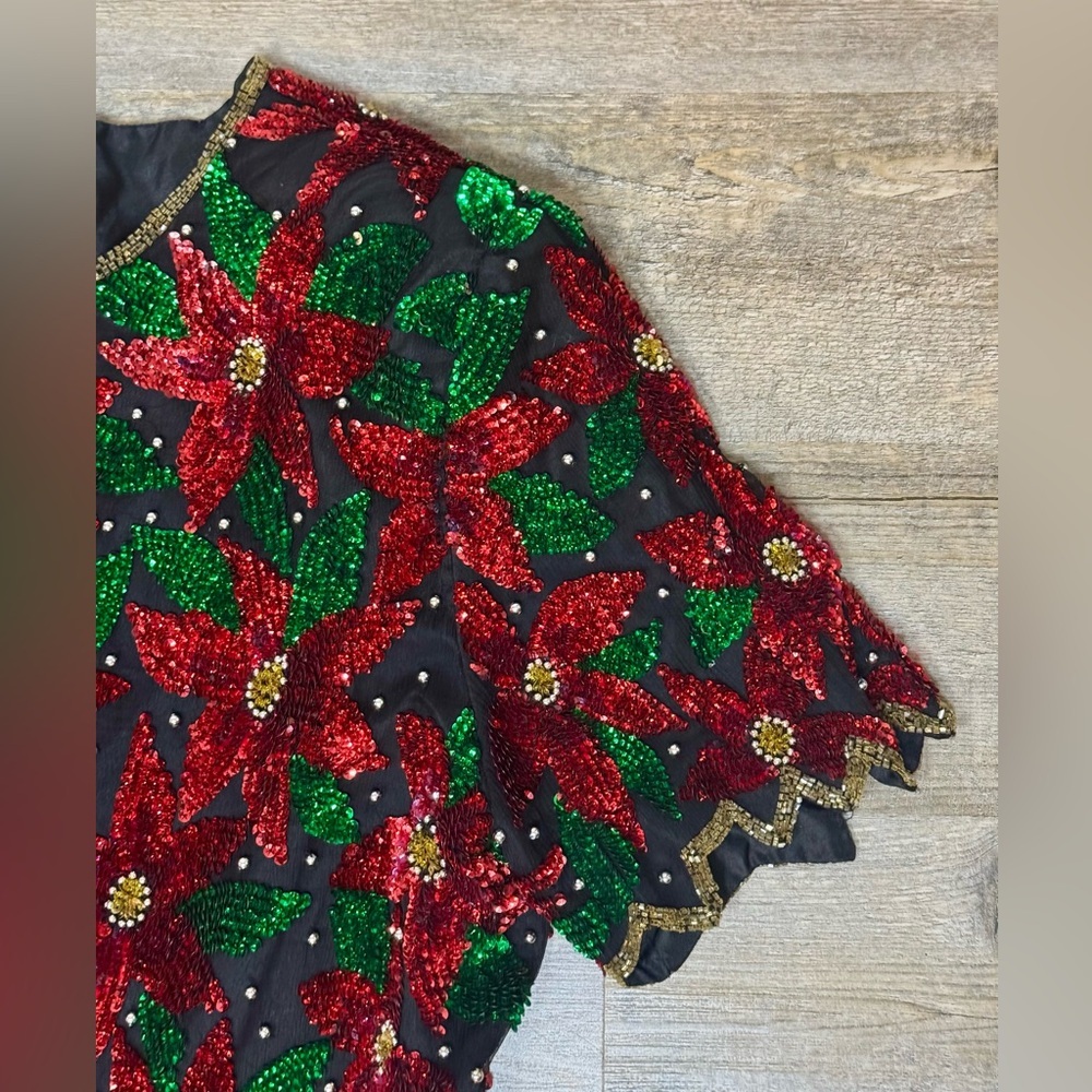 Laurence Kazar Poinsettia Sequin Floral Formal Christmas Blouse - Picture 4 of 7